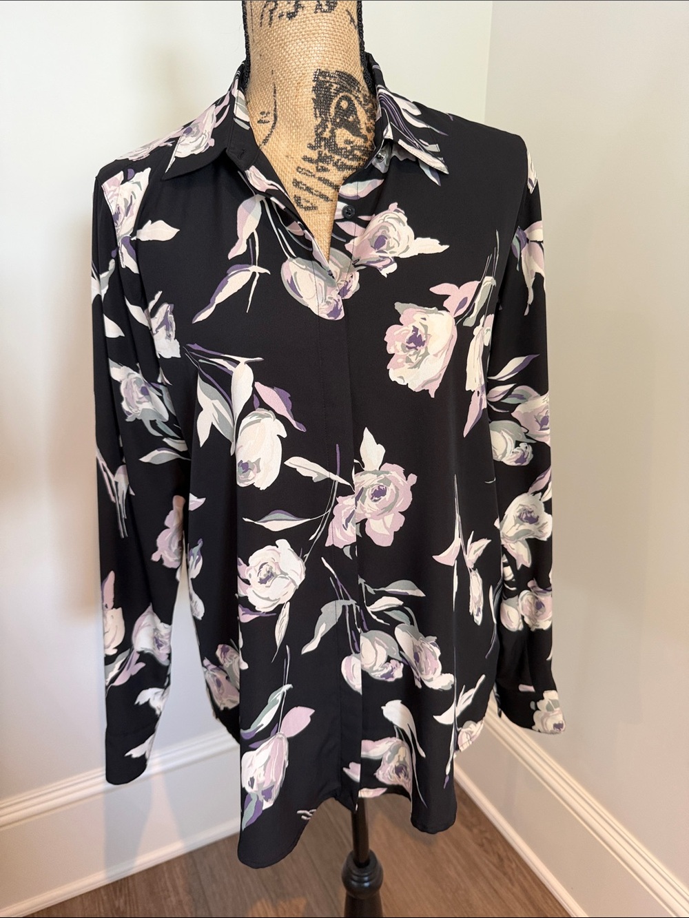 Lauren Ralph Lauren Black Floral Button-Front Blouse with Pale Purple Roses
